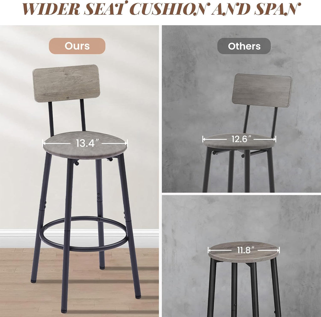 43.31" Bar Table Set for 2, Counter Height Dining Table with PU Upholstered Bar Stools and Backrests, Space-Saving Small Kitchen Table for Breakfast Nook,Grey