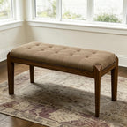 Lartis Solid Wood Dining Bench, Grid Quilted Button Tufted Cotton Linen Upholstered Bench, Angular Tapered Wooden Legs, Padded End of Bed & Entryway Bench, Easy Leg Assembly