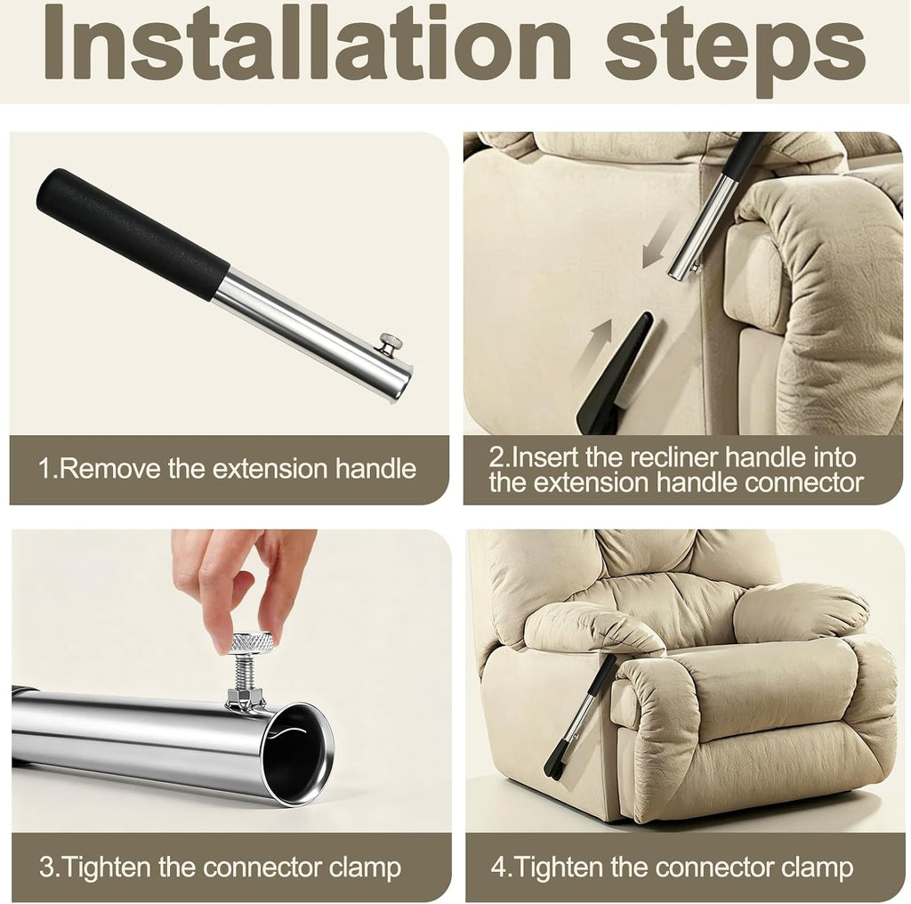1Pcs Metal Recliner Handle Extender, Anti-Slip Foam Grip with Twist Locking Clamp, Universal Recliner Replacement Parts for Most Manual Recliners, Sofa Lounge Chairs(Black)