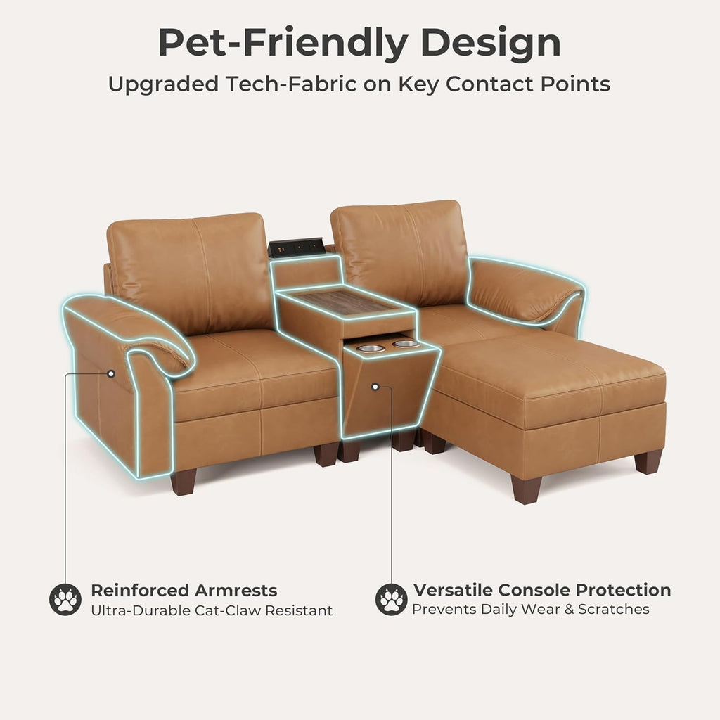 SITJOY Faux Leather Modular Sectional Sofa with Storage, Mid Century Modern Sectional Couches for Living Room, 11.8" Wide Armrests, 96" Wide 3 Seater L Shaped Couch with Chaise, Brown