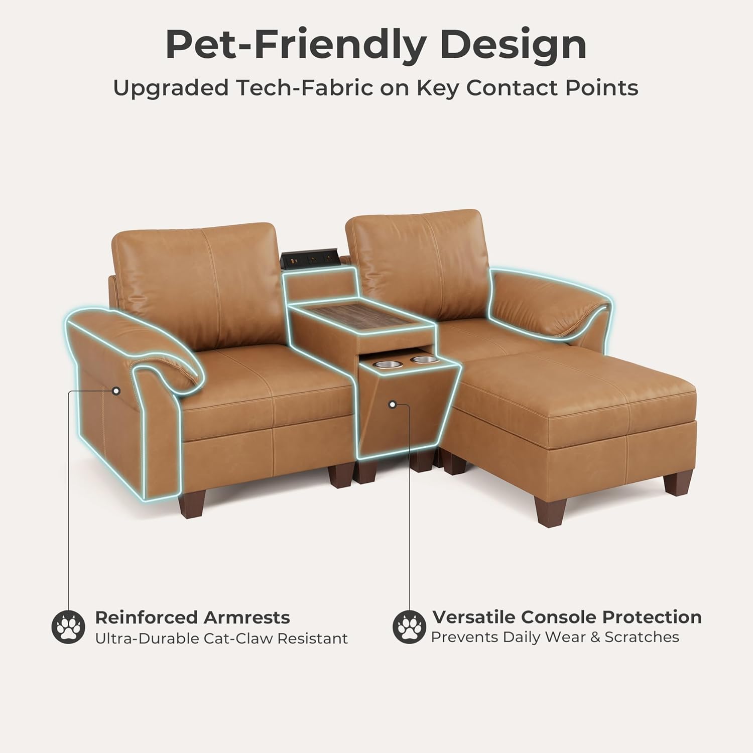 SITJOY Faux Leather Modular Sectional Sofa with Storage, Mid Century Modern Sectional Couches for Living Room, 11.8" Wide Armrests, 96" Wide 3 Seater L Shaped Couch with Chaise, Brown