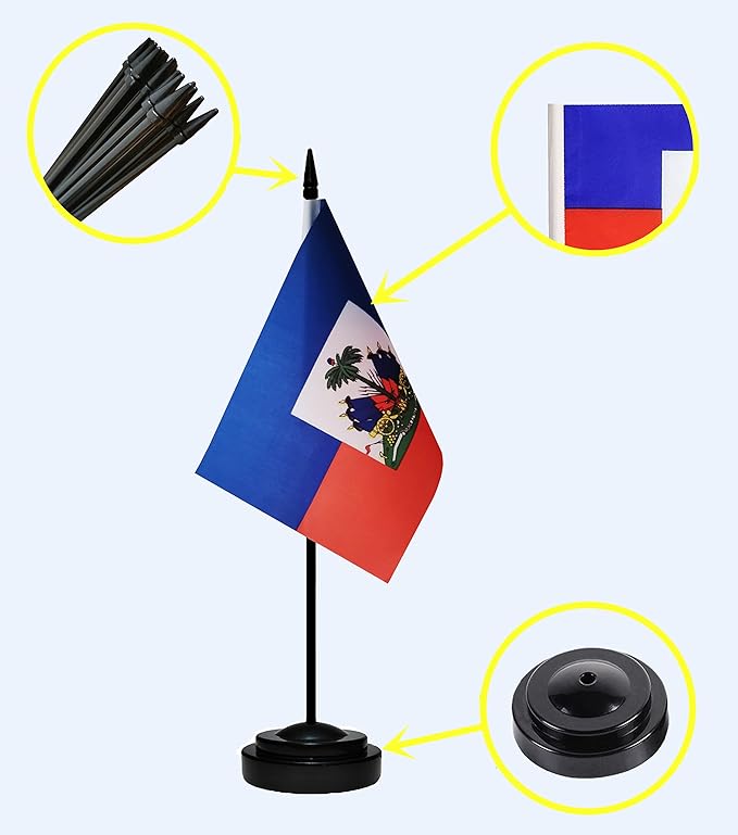 Haiti Haitian Deluxe Desk Flag Set Small Mini Miniature Haiti Haitian Table Desktop Flags With Solid Pole, Black Base and Spear Top(2 Pack)
