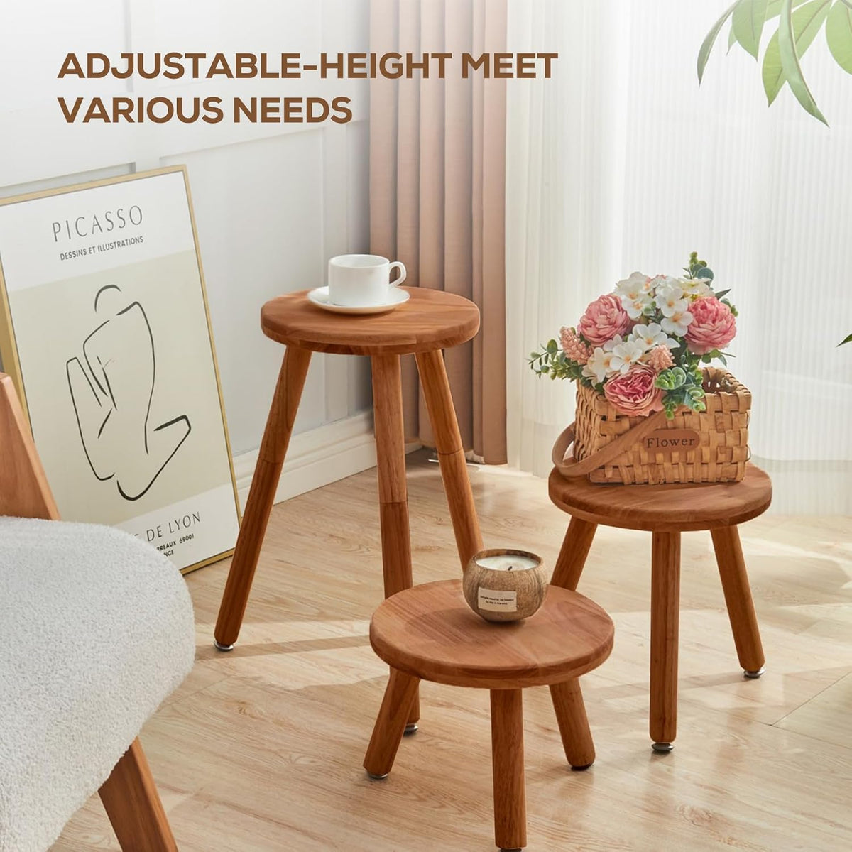 Small Round Side Table Adjustable Height Solid Wood Drink Table Indoor Tall Plant Stand Multi-Use Accent Stool-11‘’D × 20“H (Walnut)