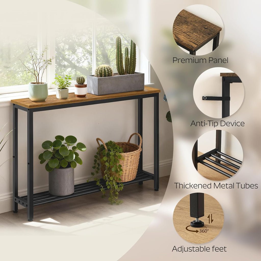 YATINEY Narrow Console Table, 2-Tier Small Sofa Table, 39.4" Thin Entryway Behind Couch Table with Shelves, Industrial Hallway Table, for Living Room, Foyer, Rustic Brown and Black CT25BR