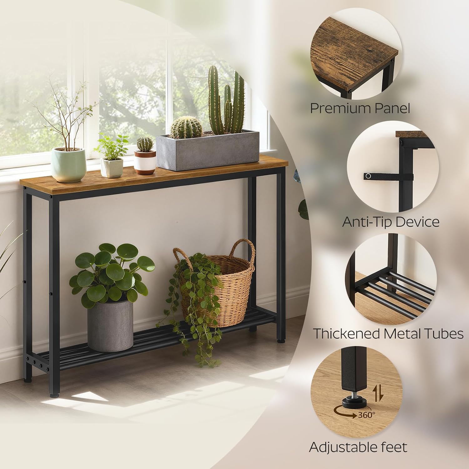YATINEY Narrow Console Table, 2-Tier Small Sofa Table, 39.4" Thin Entryway Behind Couch Table with Shelves, Industrial Hallway Table, for Living Room, Foyer, Rustic Brown and Black CT25BR