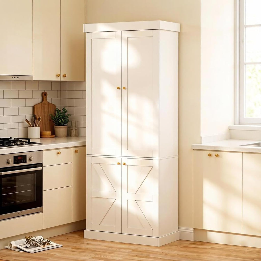 70.8" Tall Farmhouse Kitchen Pantry Cabinet with Doors, Modular Storage Cabinet with 4-Tier Adjustable Shelves, Wooden Hutch for Kitchen or Living Room, White