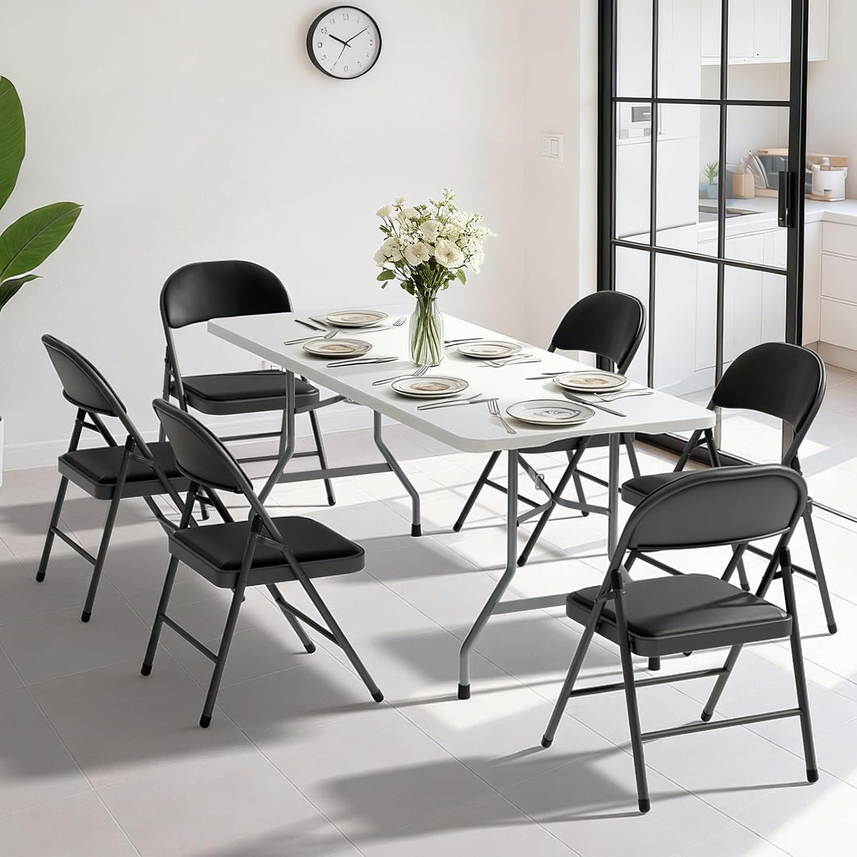 6FT White Plastic Folding Table Set with 6 Black PU Padded Chairs | Portable Foldable Tables and Chairs for Parties Picnic Events Office Dining Outdoor Activities Home and Commercial Use