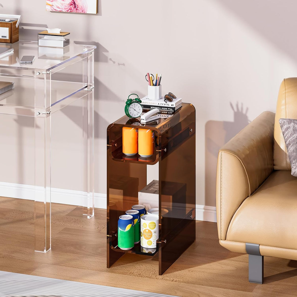 Clear Acrylic Side Table, Narrow Nightstand Bedside Table for Bedroom, Skinny Small End Table (Dark Brown, 8.7'' x 15.7'' x 21.7")