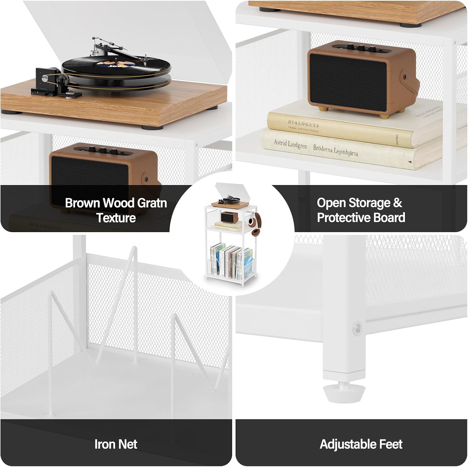 Aduanbang 3 Tier End Table,Record Player Stand with Storage Up to 100 Albums,Turntable Stand for Vinyl,White Records Shelf for Living Room Bedroom