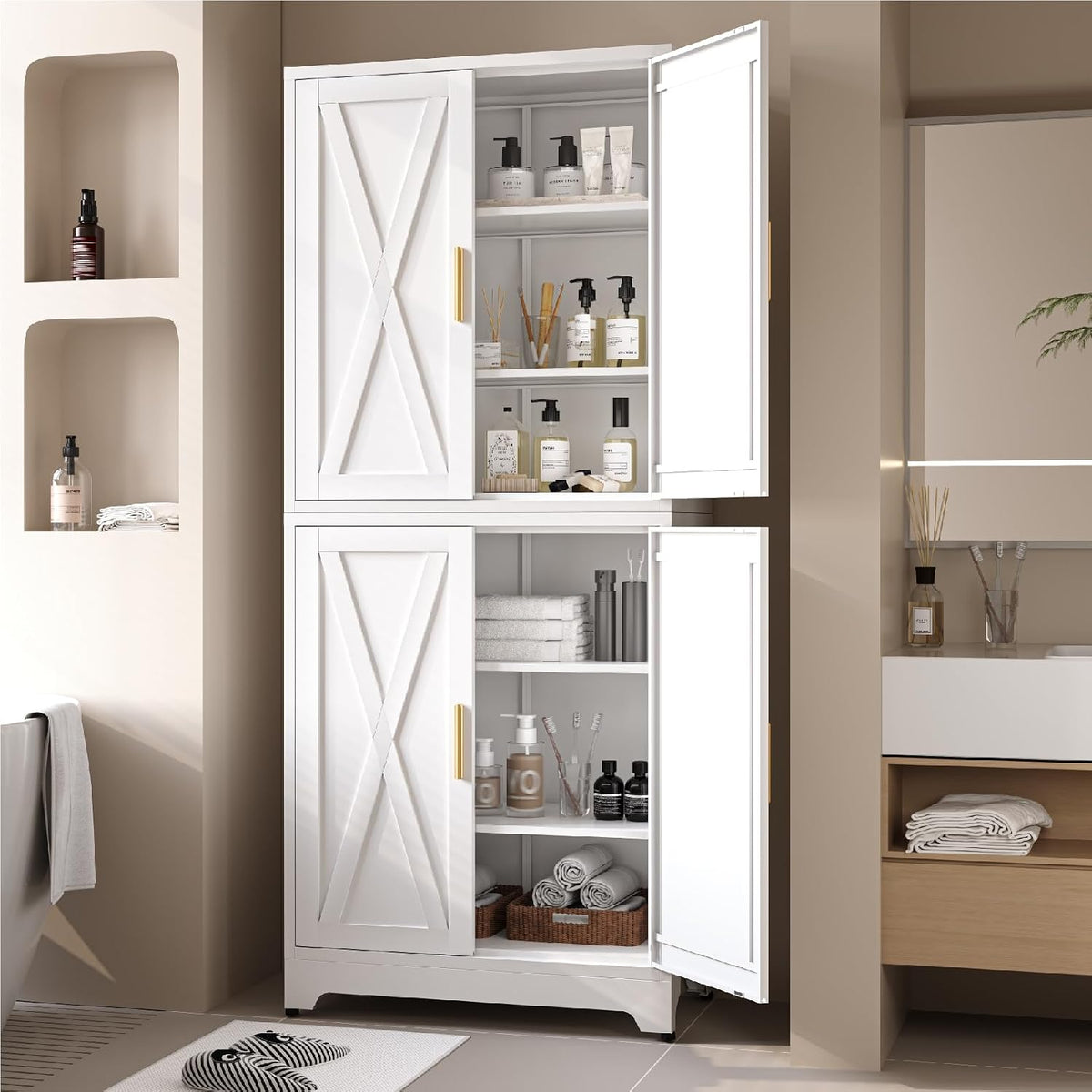 Metal 2-in-1 Combination Kitchen Pantry Cabinet, 75" Tall Farmhouse Standing Storage Cabinets, Freestanding Cupboard with 4 Doors and Adjustable Shelves for Dining Room, Bathroom and Living Room