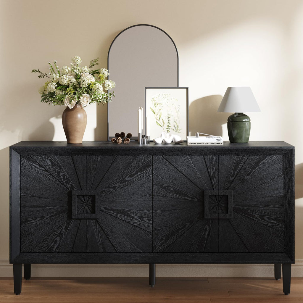 Large Buffet Sideboard Cabinet with Storage,60" Modern Cedenzas Buffet Table American Farmhouse Charm Cabinet with 4 Symmetrical Sunburst Doors for Living Room Hallway, Antique Black