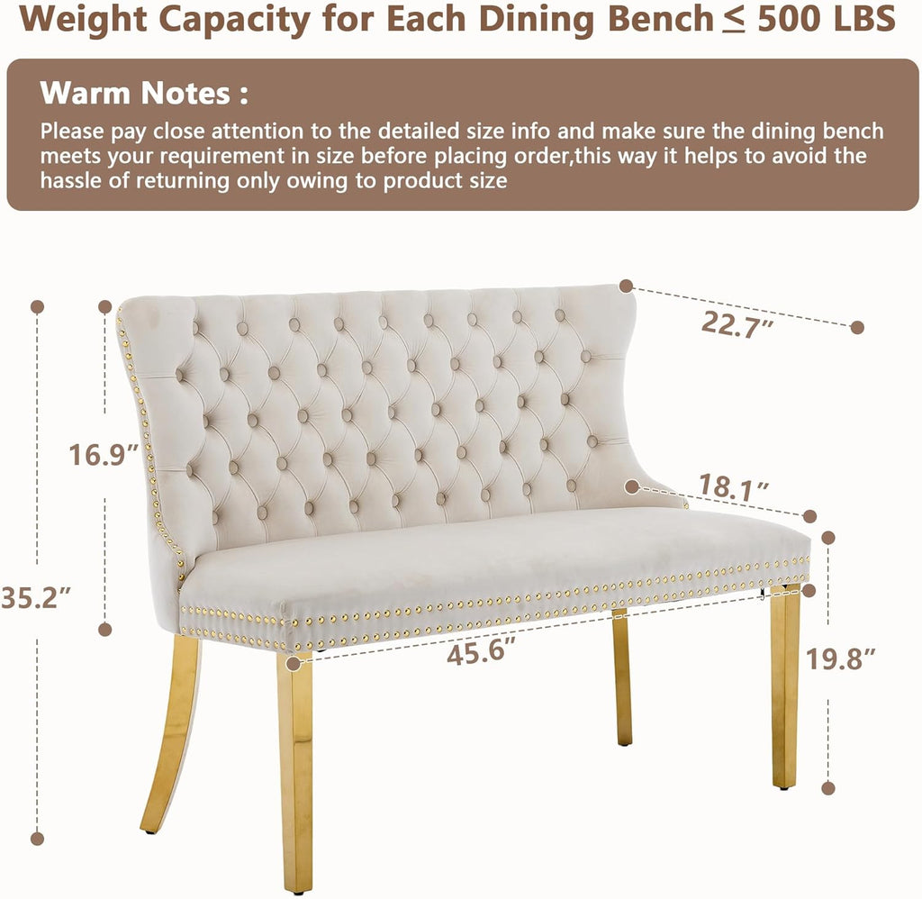 mikibama Luxury Settee Dining Bench with Back,Velvet Upholstered Banquette Benches with Nailhead Trim,Button Tufted Small Loveseat Sofa Couch Booth Seating for Small Spaces(Beige Gold)