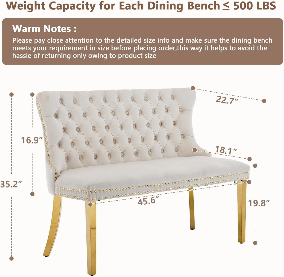 mikibama Luxury Settee Dining Bench with Back,Velvet Upholstered Banquette Benches with Nailhead Trim,Button Tufted Small Loveseat Sofa Couch Booth Seating for Small Spaces(Beige Gold)