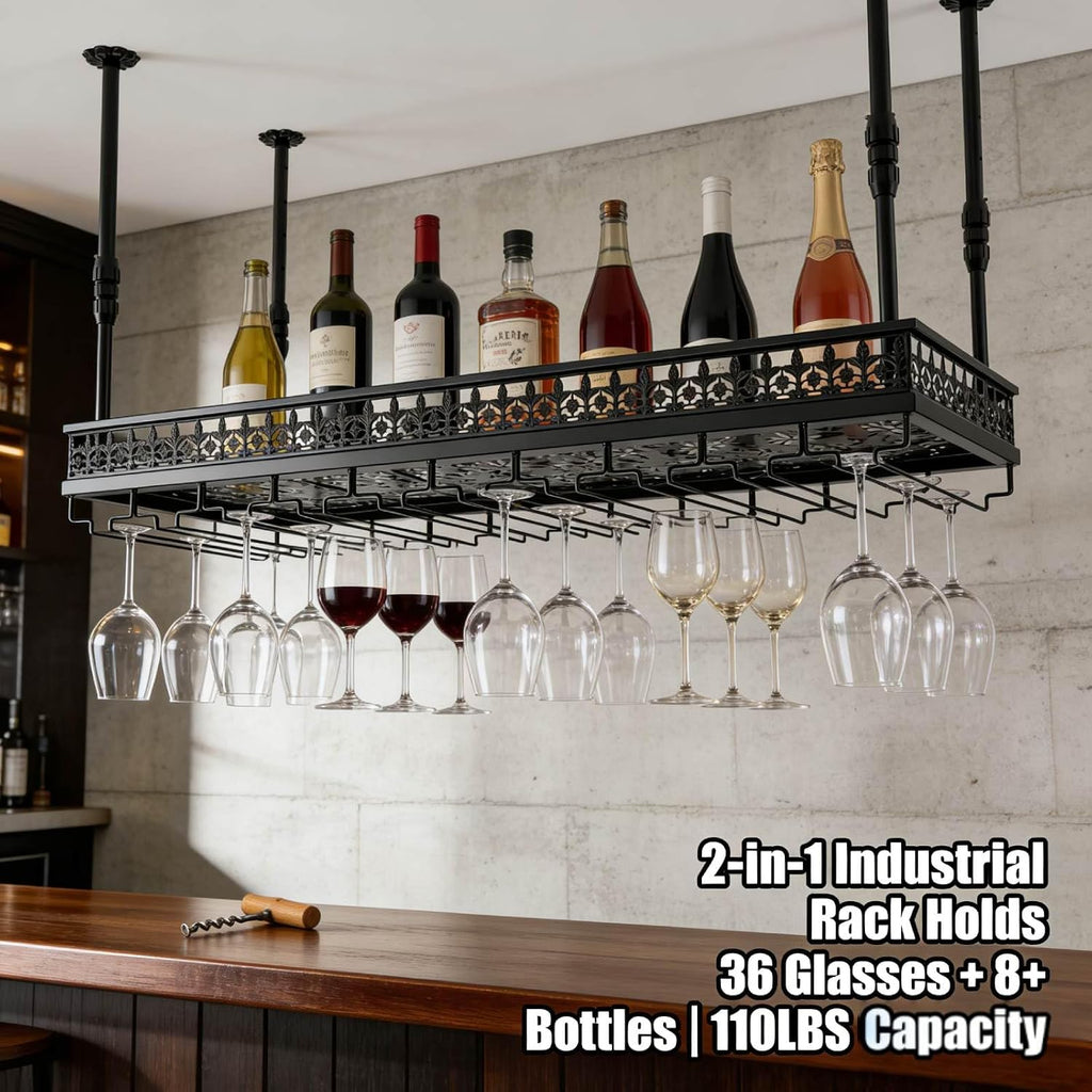 Hanging Wine Rack with Glass Holder and Shelf,Adjustable Metal Ceiling Mount Bar Wine Glass Rack,Industrial Wall Mounted for Bar Kitchen Cafe