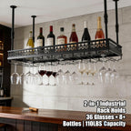 Hanging Wine Rack with Glass Holder and Shelf,Adjustable Metal Ceiling Mount Bar Wine Glass Rack,Industrial Wall Mounted for Bar Kitchen Cafe