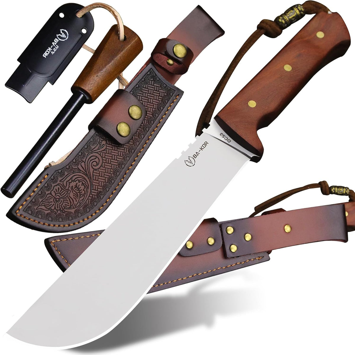 BA-KOR USA 8mmDC53 steel 35CM (14 ") full Tang fixed knife with leather sheath and (5.9 ") ceria ignition head, suitable for outdoor hunting, camping, clearing, adventure, fishing, EDC, BBQ (BA-K0a(8mm))