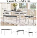 Merax 6-Piece Modern Dining Table Set with Chairs and Bench, Wood Kitchen Table Set for 4-6, Rectangular Kitchen Dining Table for Dining Room, Kitchen, Small Apartment, White+Gray