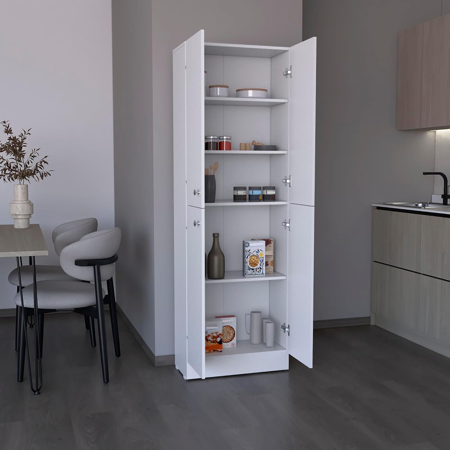 Kitchen Pantry 71" H, 4 Doors, 5 Adjustable Shelves, Laundry, White