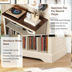 RowyPoey Large Farmhouse Record Player Stand, Turntable Stand,Antique White | with Vinyl Record Storage, Wood Record Holder Storage Cabinet, Stereo Media Dispaly Shelf for Living Room, Bedroom, Office