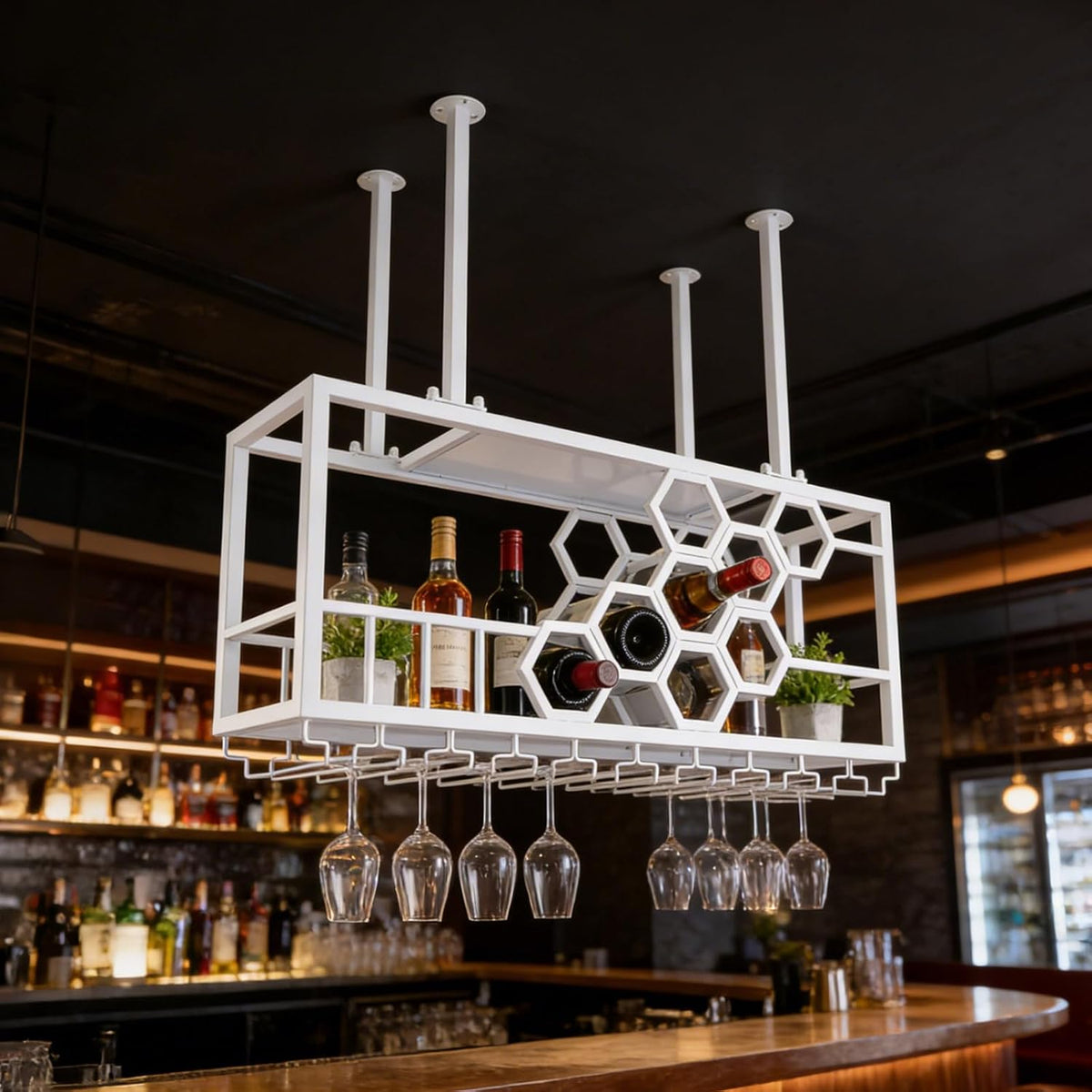 Ceiling Wine Glass Rack, 39" Hanging Wine Rack with Glass Holder and Shelf, Industrial Hanging Wine Bottle Holder, Iron Wine Shelf for Bar Cafe Kitchen - White