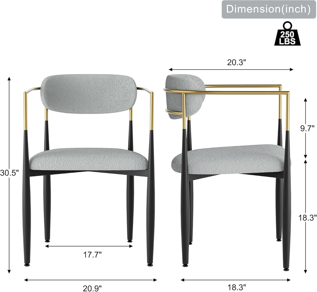 Baysitone Dining Chairs Set of 6 Mid-Century Modern Upholstered Boucle Dining Room Chairs Open Back Curved Backrest Black Metal Legs Gold Armchairs for Kitchen Living Room, Gray(Only Chairs)