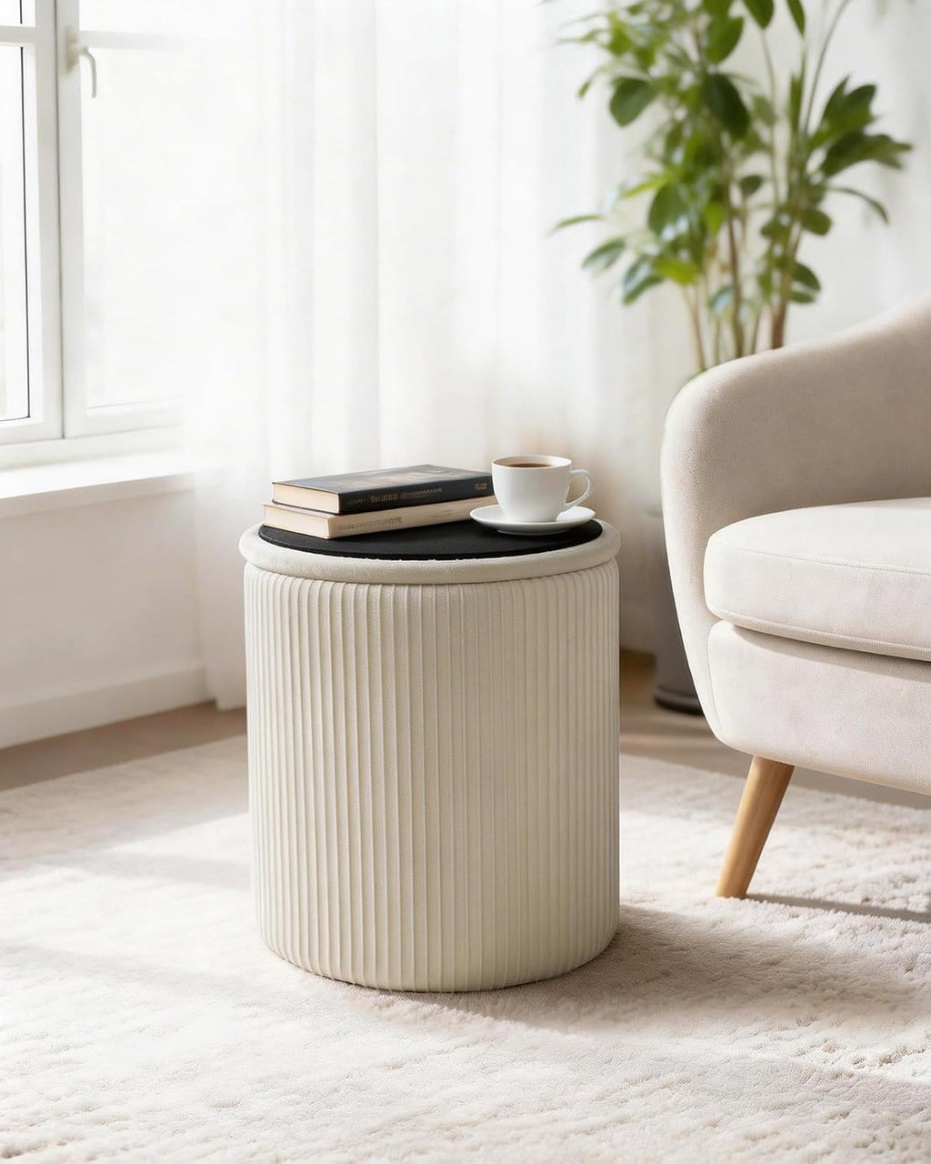LITZFUR Round Ottoman with Storage, Velvet Foot Rest Stool, Beige | Versatile Upholstered Vanity Stool, Padded Folding Storage Ottoman for Living Room, Bedroom and Dorm