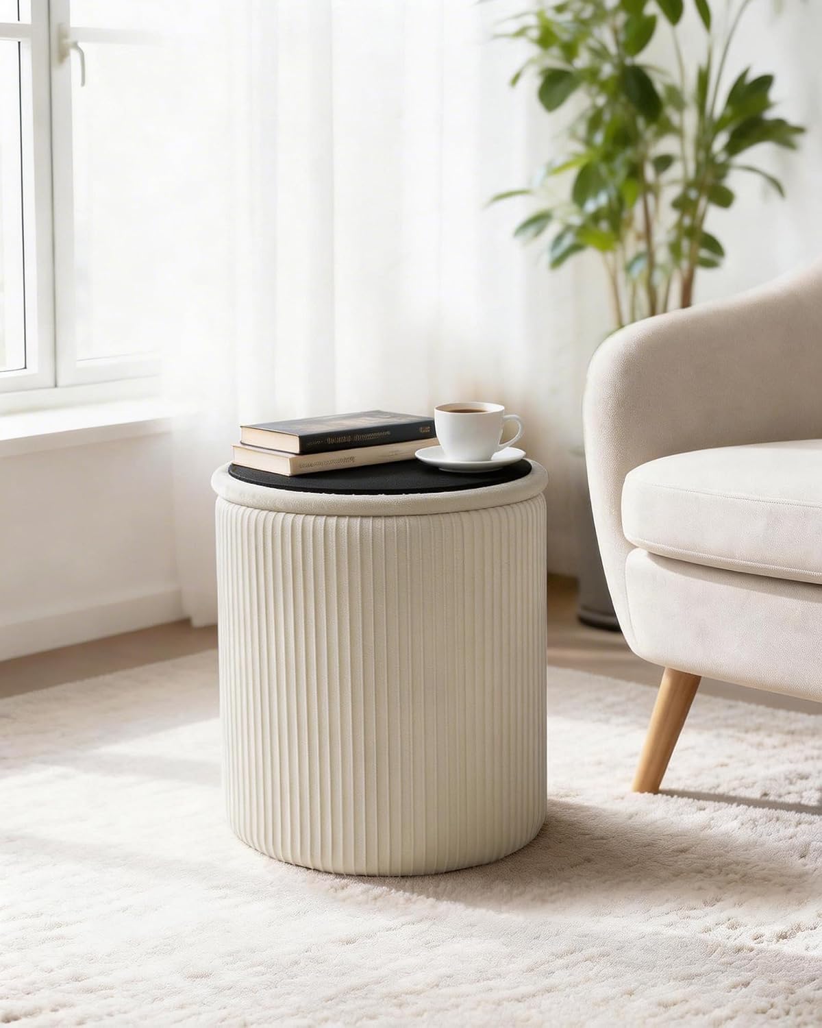 LITZFUR Round Ottoman with Storage, Velvet Foot Rest Stool, Beige | Versatile Upholstered Vanity Stool, Padded Folding Storage Ottoman for Living Room, Bedroom and Dorm