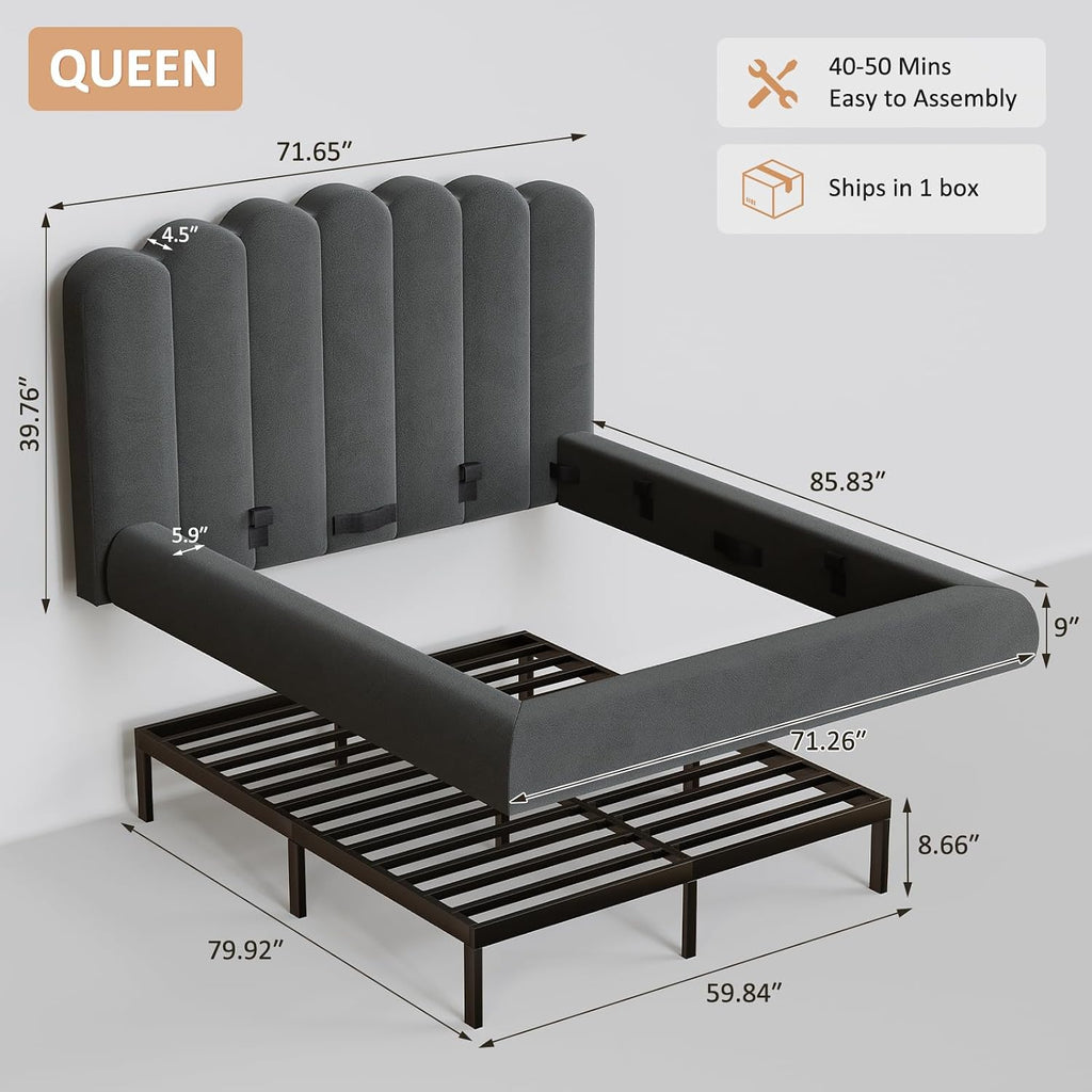 Queen Size Cloud Bed Frame with Wave Headboard, Plush Foam Upholstered Platform, Soft Rounded Safety Corners, No Box Spring Required, Noise-Free, Easy Assembly, Grey