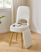IBUYKE Small Storage Vanity Stool with Folding Backrest, 12.99" x 13.78" x 31.5" Square Teddy Velvet Ottoman, Makeup Chair for Living Room, 4 Metal Legs with Anti-Slip Feet, White WBD027W