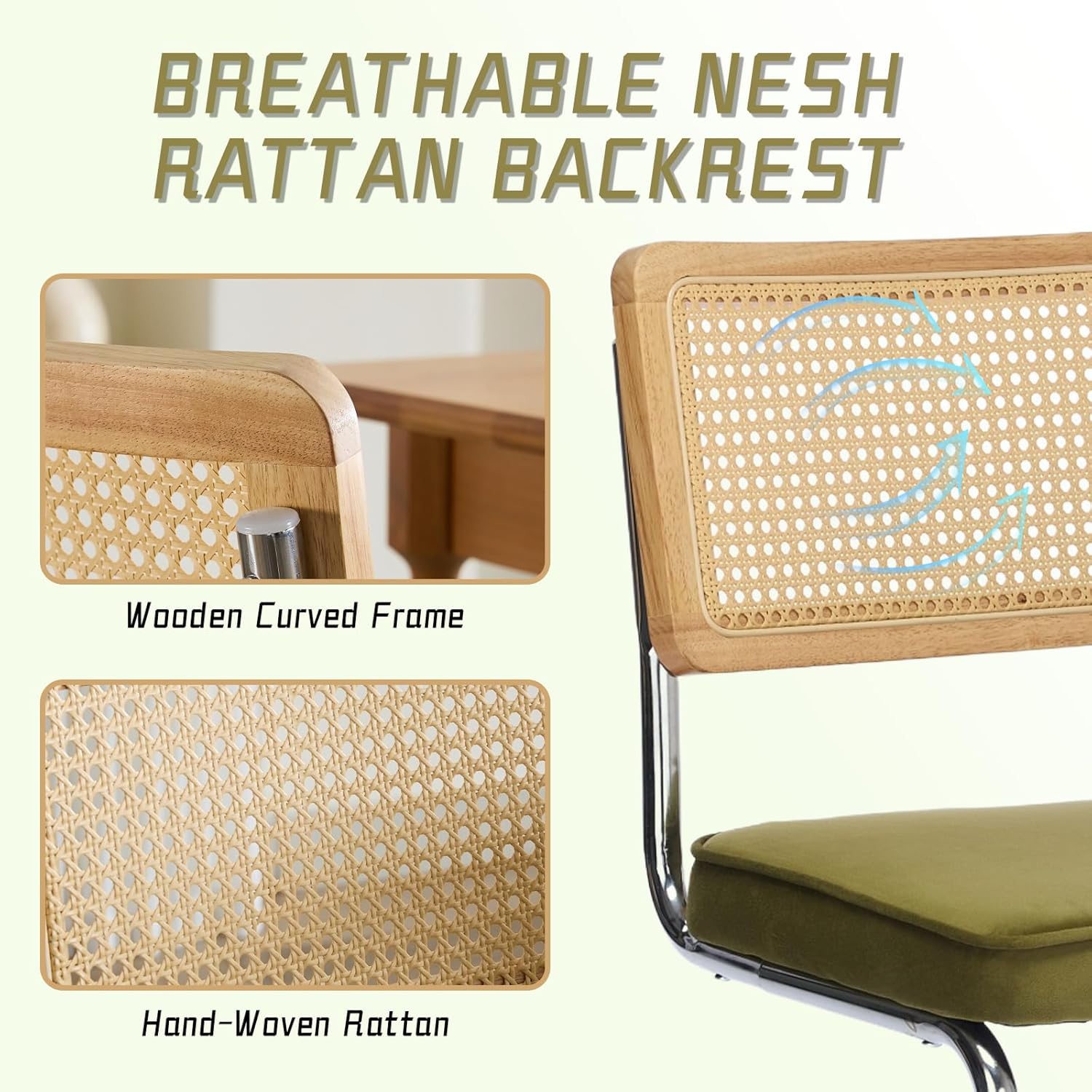 Velvet Dining Chairs Set of 6 Handwoven Rattan Back Upholstered Seat&Chrome Base Mid Century Kitchen Chair,for Dining Room,Living Room,Bedroom,Olive Green