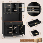 71'' Fluted Kitchen Pantry Cabinet with Power Outlet & LED Light, Food Kitchen Hutch with Countertop, Wood Pantry Storage Cabinet with a Drawer & Shelves for Living Room, Dining Room, Black