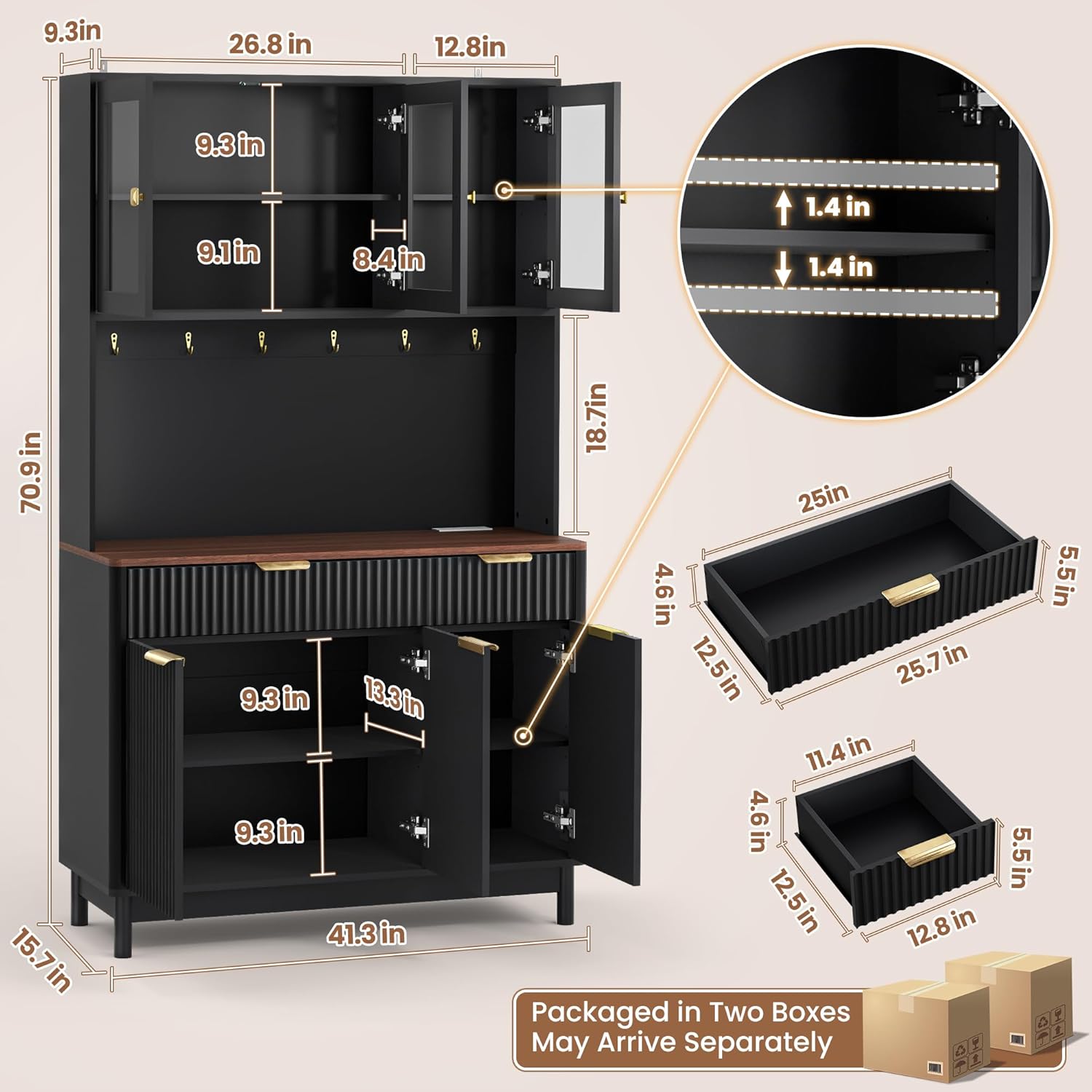71'' Fluted Kitchen Pantry Cabinet with Power Outlet & LED Light, Food Kitchen Hutch with Countertop, Wood Pantry Storage Cabinet with a Drawer & Shelves for Living Room, Dining Room, Black