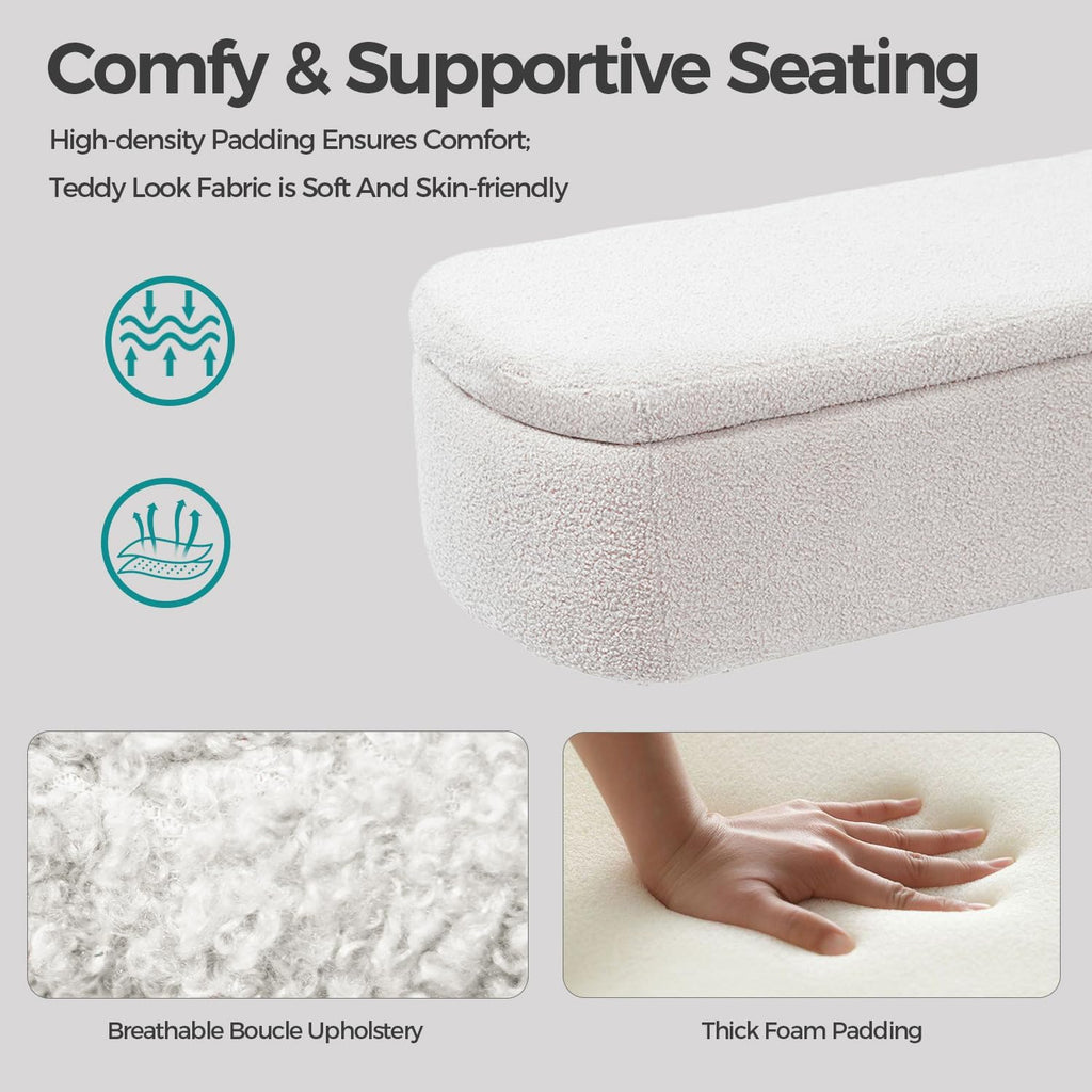 Boucle Storage Bench, Small End of Bed Bench for Bedroom, Entryway Bench with Storage, Sherpa Upholstered Ottoman Foot Rest for Living Room, Gold Legs, Cream