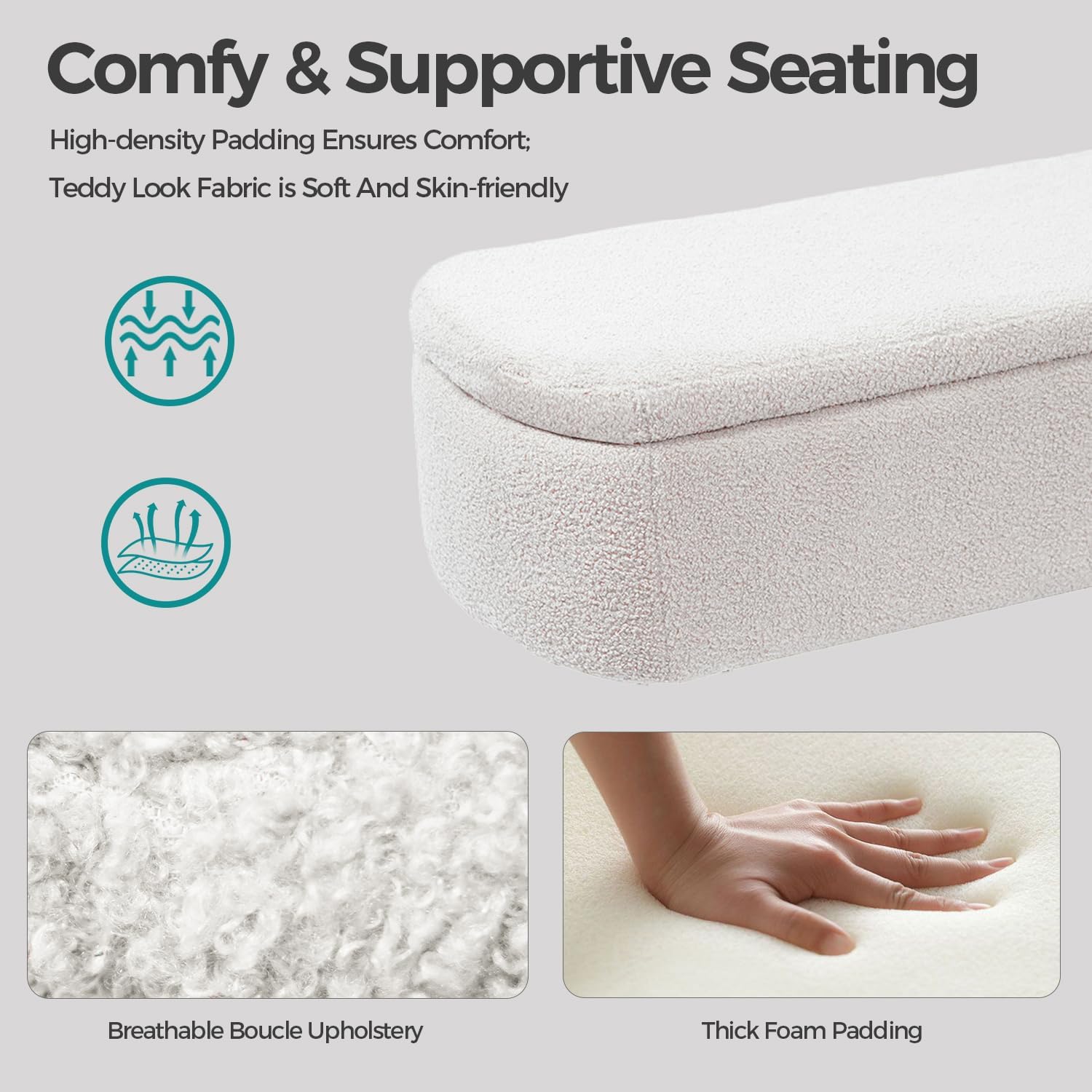 Boucle Storage Bench, Small End of Bed Bench for Bedroom, Entryway Bench with Storage, Sherpa Upholstered Ottoman Foot Rest for Living Room, Gold Legs, Cream