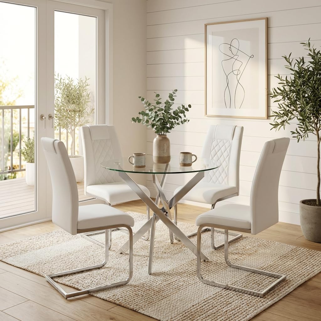 Round Glass Dining Table Set for 4, Modern Kitchen Table Chairs Set of 4, 35" Circle Glass Dinner Table with Silver Metal Legs, 4 White Pu Leather Chairs, 5 Piece Dining Set for Small Space Apartment