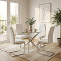 Round Glass Dining Table Set for 4, Modern Kitchen Table Chairs Set of 4, 35" Circle Glass Dinner Table with Silver Metal Legs, 4 White Pu Leather Chairs, 5 Piece Dining Set for Small Space Apartment