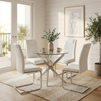 Round Glass Dining Table Set for 4, Modern Kitchen Table Chairs Set of 4, 35" Circle Glass Dinner Table with Silver Metal Legs, 4 White Pu Leather Chairs, 5 Piece Dining Set for Small Space Apartment
