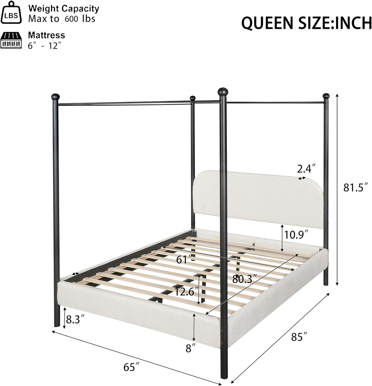 Christopher Knight Home Queen Size Upholstered Canopy Bed Frame with Boucle Fabric, Curved Headboard and Iron Legs, Modern Platform Bed Frame with Slats No Box Spring Needed, White