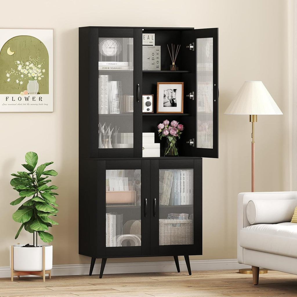LOKO Kitchen Pantry Cabinet, Freestanding Storage Cupboard with Translucent Fluted Doors & Adjustable Shelf, Modern Tall Accent Cabinet Bookcase for Living Room, Dining Room, Home Office (Black)