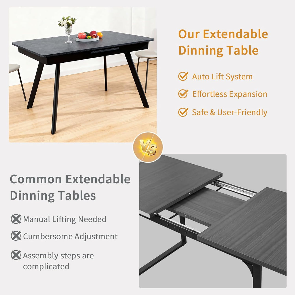 Extendable Dining Table 47-59 Inch - Space-Saving Slide-Out Design, Black Lava MDF Top for 4-8 People, Perfect for Dining Room, Apartment & Home Office