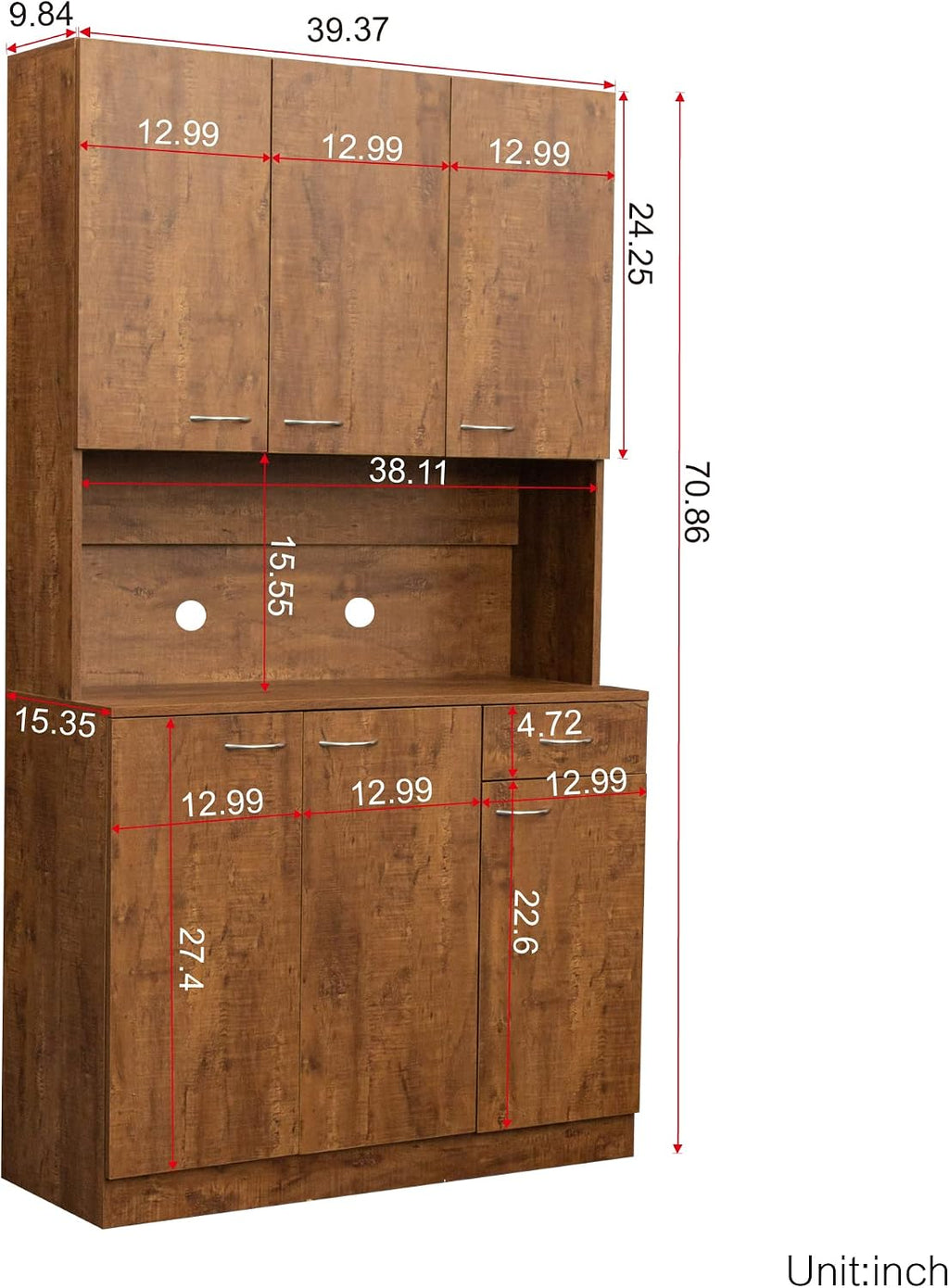 Ball & Cast 71" Pantry Cabinet,Tall Kitchen Pantry Storage Cabinet with Microwave Stand, Modern Kitchen Hutch Cabinet with 6 Doors,1 Drawer & Open Shelves for Living Room,Dining Room,Walnut