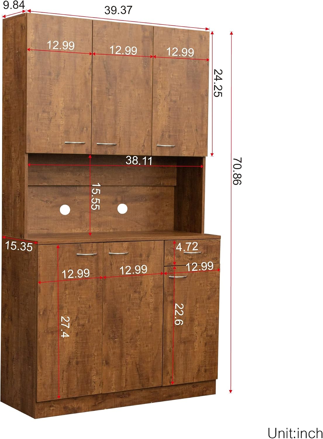 Ball & Cast 71" Pantry Cabinet,Tall Kitchen Pantry Storage Cabinet with Microwave Stand, Modern Kitchen Hutch Cabinet with 6 Doors,1 Drawer & Open Shelves for Living Room,Dining Room,Walnut