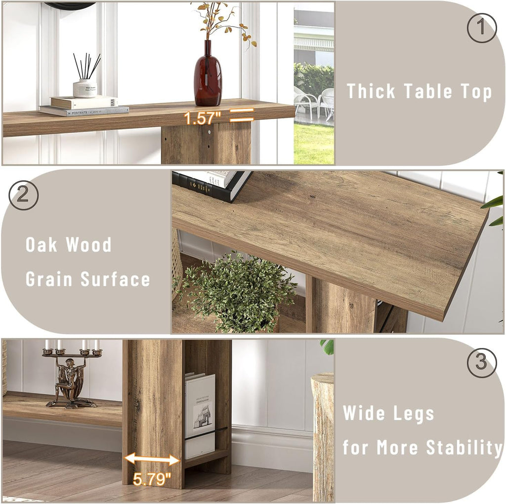 FOLUBAN 53 Inch Long Entryway Table, 2-Tier Wood Console Table with Storage Side Shelves, Farmhouse Sofa Table for Living Room, Narrow Hallway Foyer Table Behind Couch for Home Decor, Rustic Oak