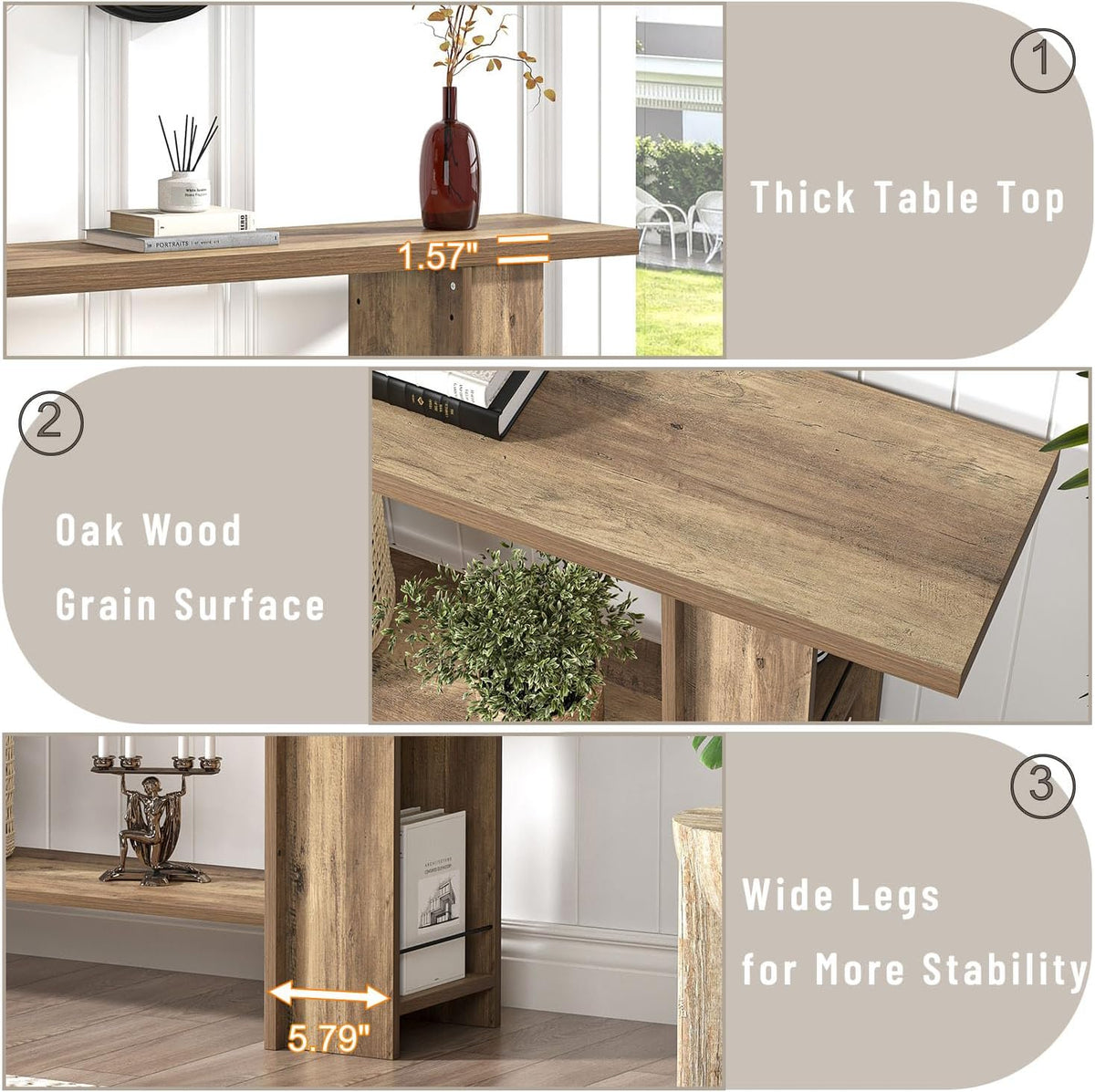 FOLUBAN 53 Inch Long Entryway Table, 2-Tier Wood Console Table with Storage Side Shelves, Farmhouse Sofa Table for Living Room, Narrow Hallway Foyer Table Behind Couch for Home Decor, Rustic Oak