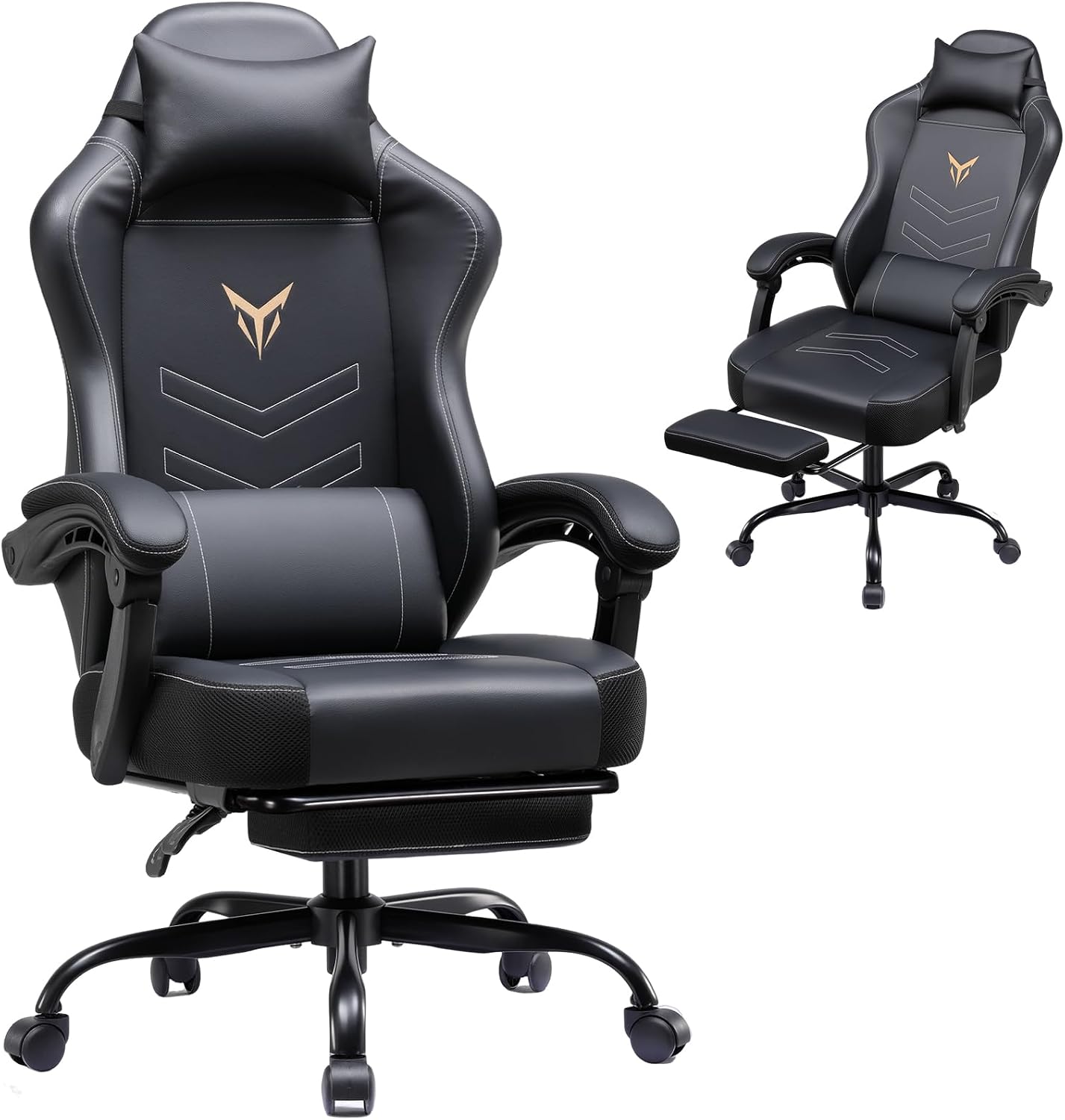GTPLAYER Gaming Chair, Office Chair High Back Computer Chair with Foot Rest for Adults, Leather Desk Chair Executive Ergonomic Height Adjustable with Headrest and Lumbar Support, 300lbs Black