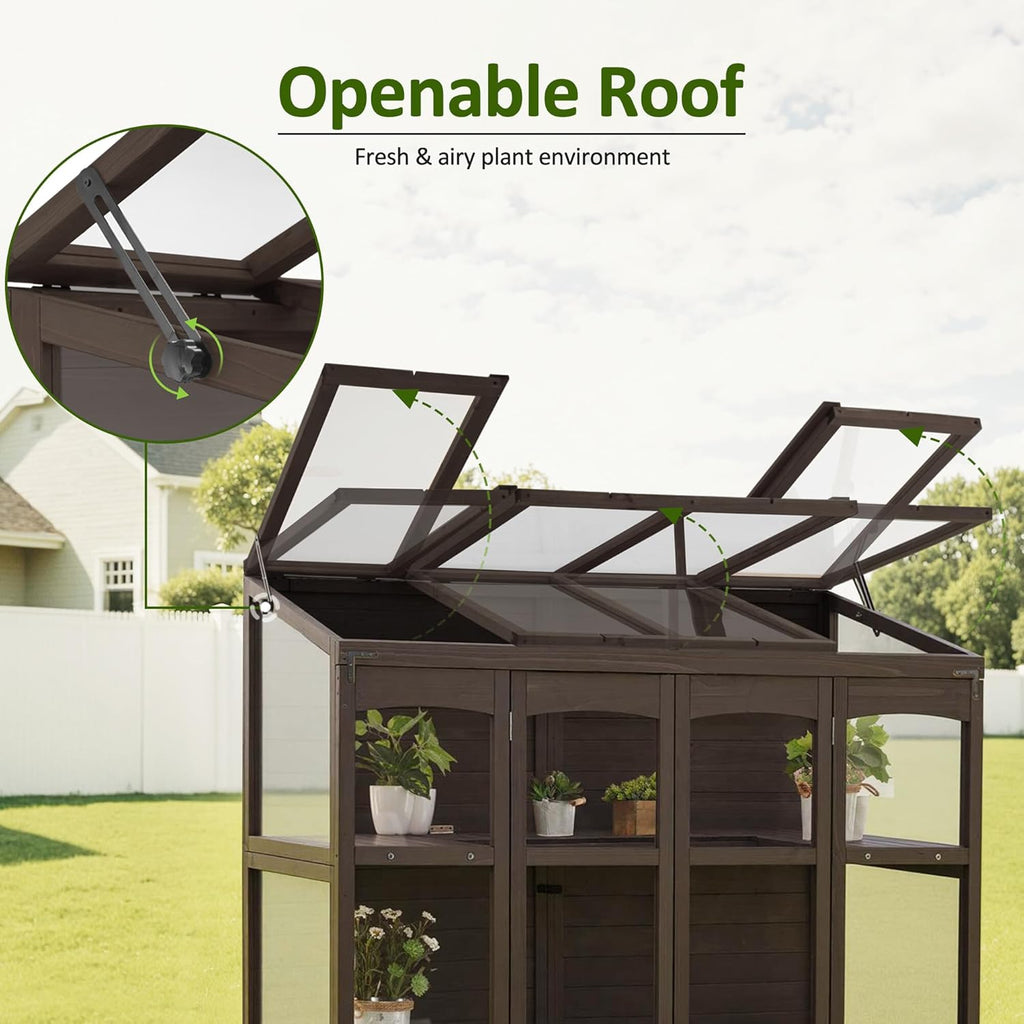MCombo Wooden Greenhouse, Walk-in Outdoor Greenhouse with Openable Roof and Lockable Door, 0899 (Brown)