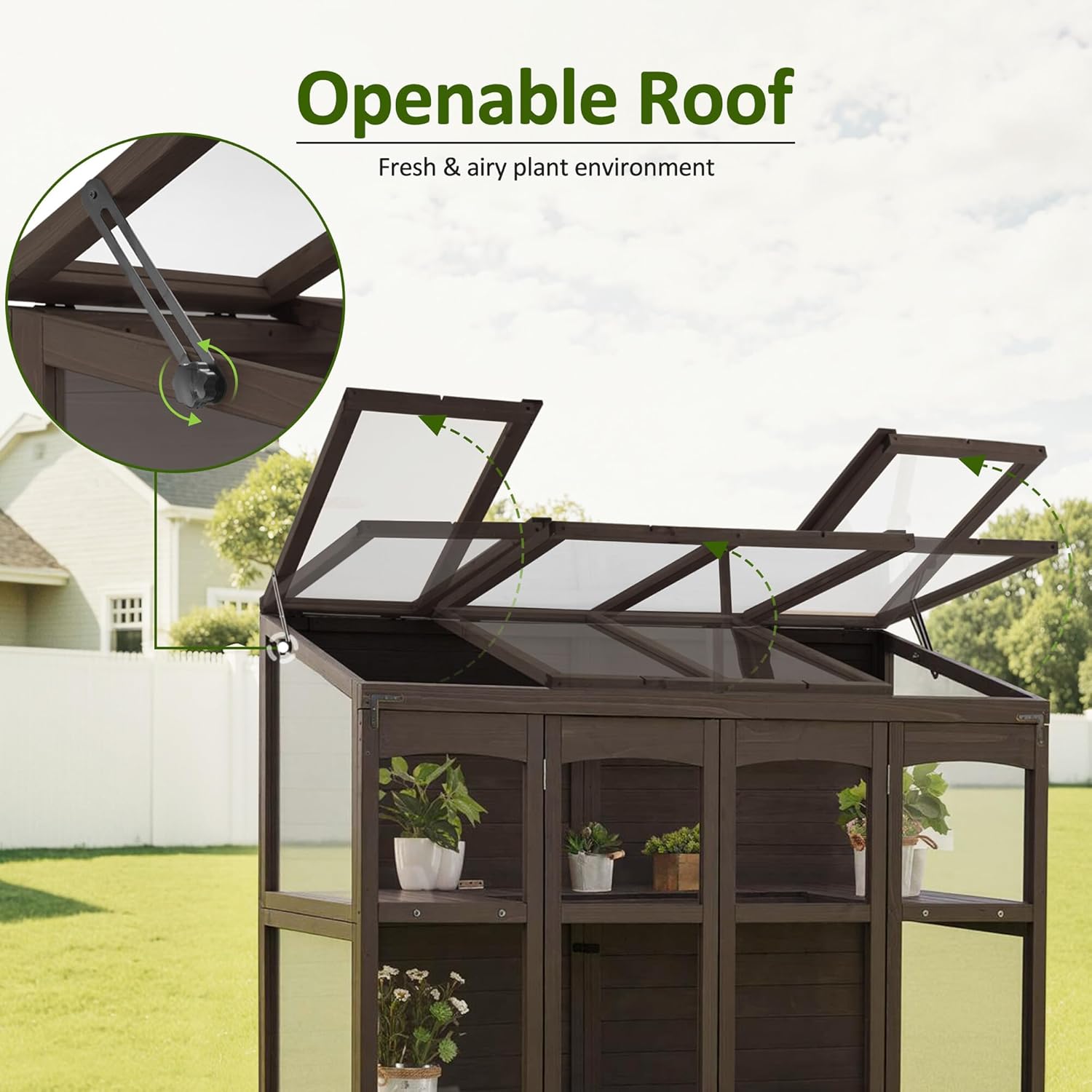 MCombo Wooden Greenhouse, Walk-in Outdoor Greenhouse with Openable Roof and Lockable Door, 0899 (Brown)