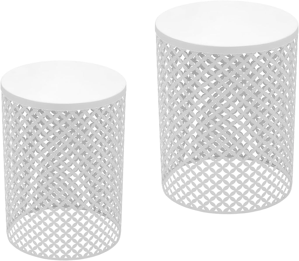 Side Table, Set of 2 Accent Table Decorative Garden Stools for Indoor Outdoor, Bedside Table End Table for Bedroom, Patio, Cafe, Bar, Garden, Nesting, White