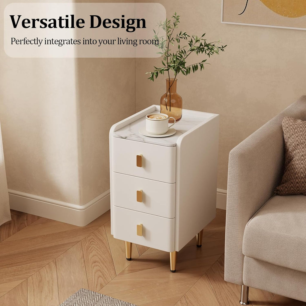 AQIMUELE Narrow Nightstand with Drawers, Narrow Side Table Leather, Small Bedside Tables for Bedroom. (White)