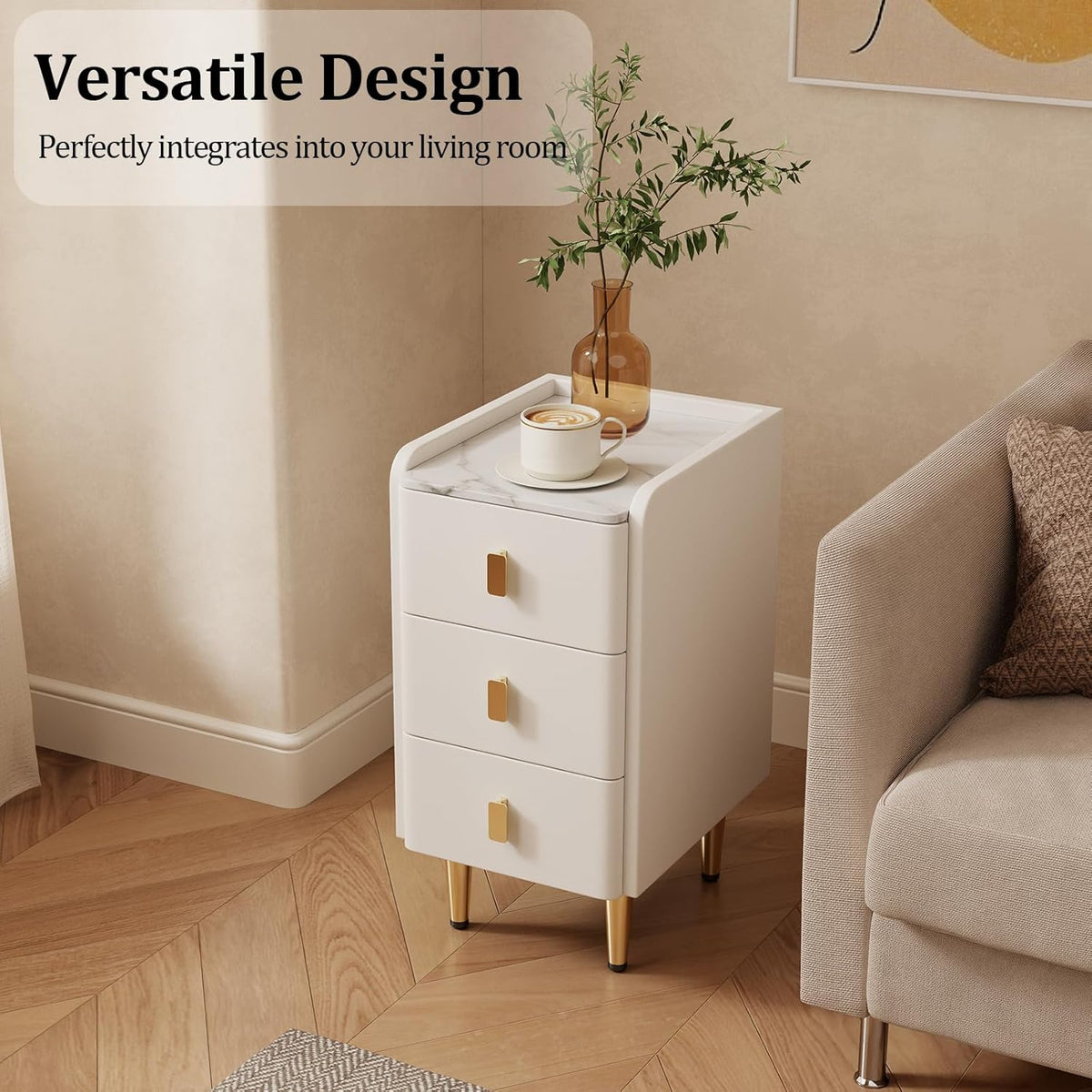 AQIMUELE Narrow Nightstand with Drawers, Narrow Side Table Leather, Small Bedside Tables for Bedroom. (White)